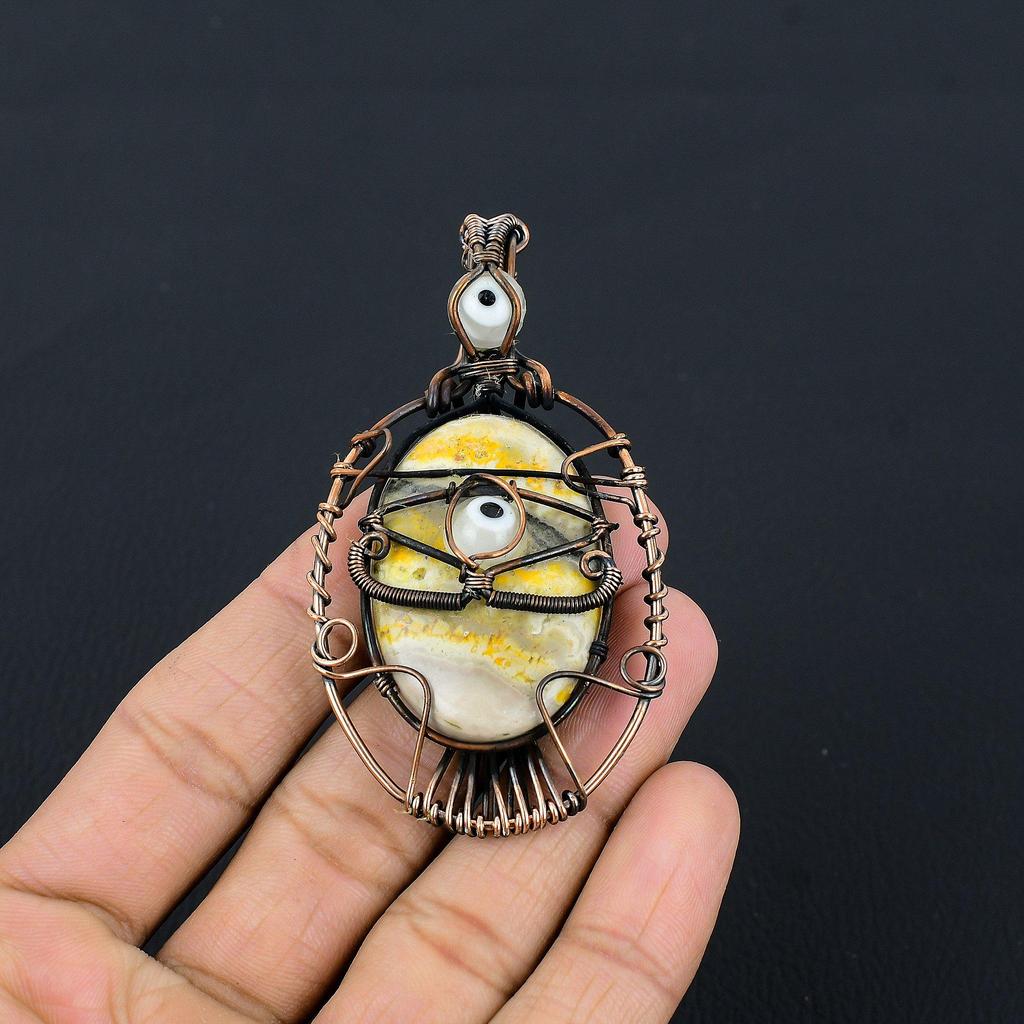 Bumblebee Jasper & White Evil Eye Pendant, 999 Copper Wire Wrapped Gemstone Jewelry, Handmade Pendant, For Mother Day