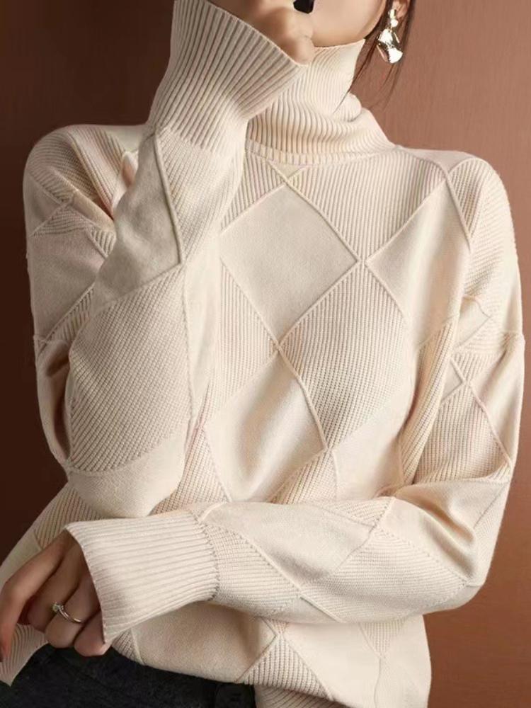 New In Autumn Winter Women Turtleneck Sweaters Full Sleeve Pullovers Spliced Thick Sweater Lozenge Elegant Lady Solid Outwear