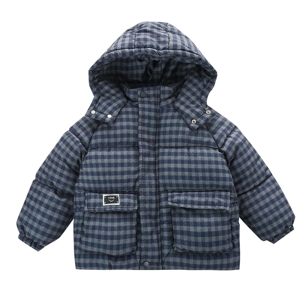Kids Winter Children's Mid Length Plaid Down Jacket Windproof Waterproof Warm Hooded Jacket College Style