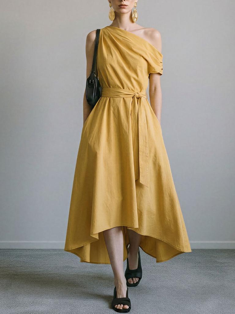 New Summer/Fall Collection Elegant Off-the-Shoulder Waist-Cinched Tie-Front Dress with Asymmetrical Hem for Women