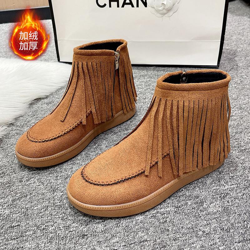 Large size comfortable short fringed boots women's autumn and winter new sweet versatile velvet flat women's boots