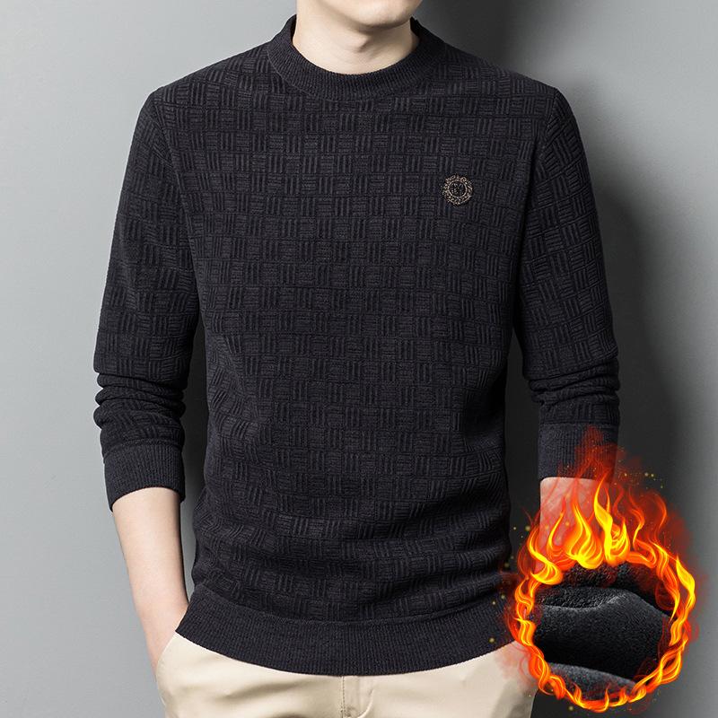 Chenille Sweater Men's New Winter Velvet Thickened Jacquard Beaded Round Neck Trendy Men's Knitted Bottoming Shirt