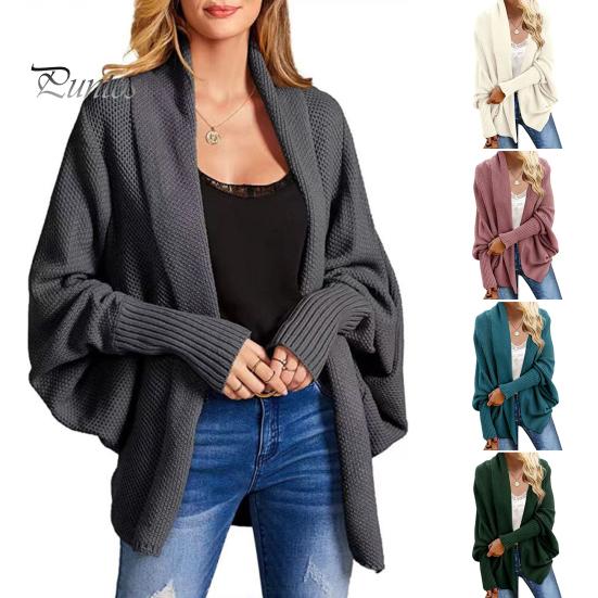 Dámský kardiganový kabát bez límce s netopýřími rukávy a dlouhým rukávem, otevřený vpředu, pletený kabát, elastické manžety, jednobarevný, volný střih, pletený kardigan