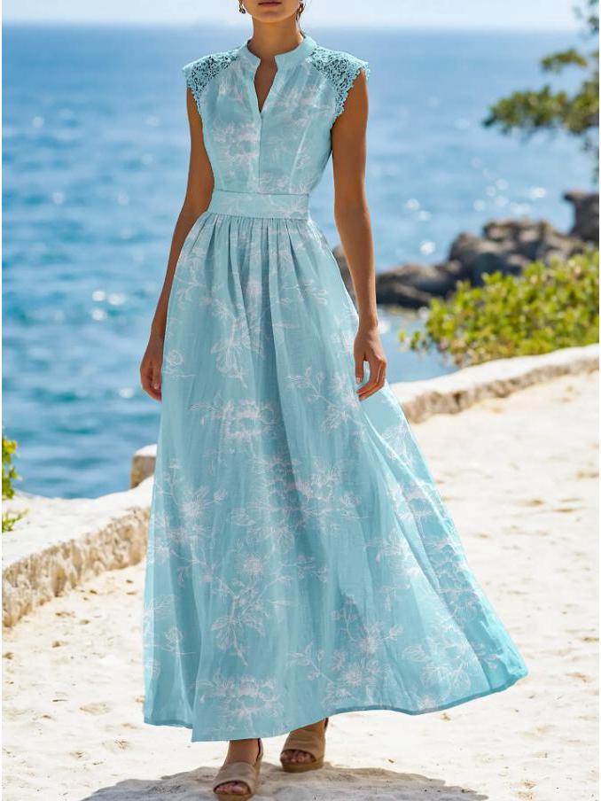 Elegant Lace Patchwork Floral Dress with Short Sleeves