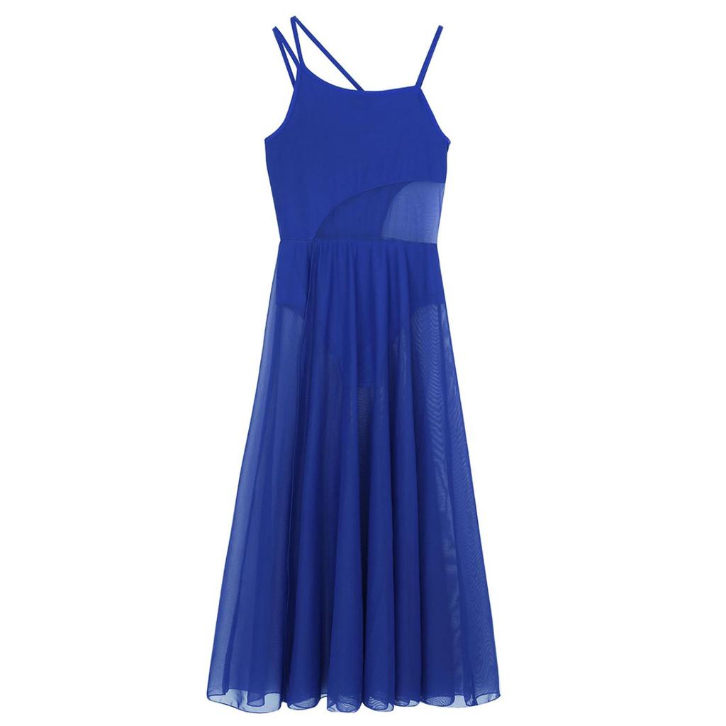 Dance Costume Practice Wear Mesh Splice Asymmetrical Mesh Maxi Dance Dress with Built-In Leotard