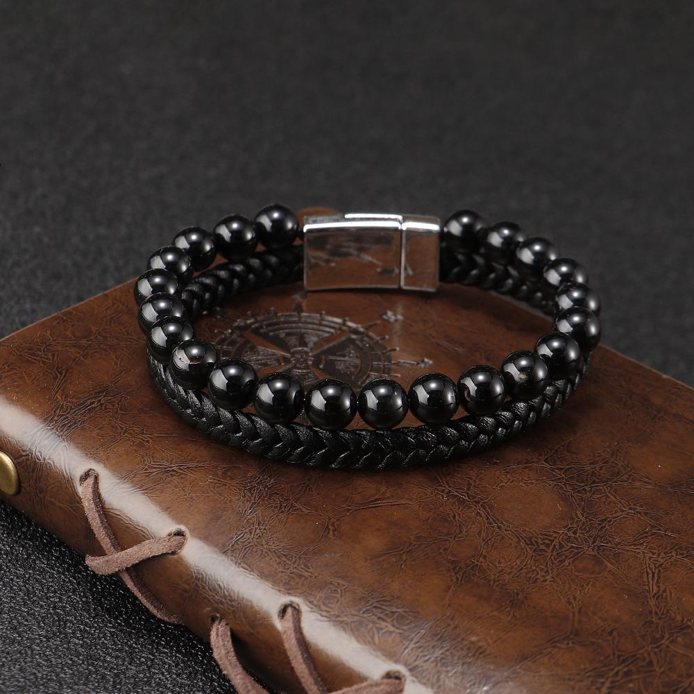 Natural Tiger Eye Stone Bracelet for Men Leather Cord Beaded Wristband Agate Bracelet Male Fashion Jewelry