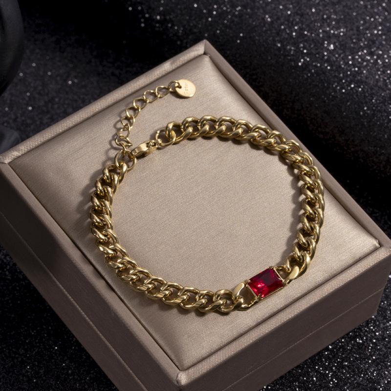 Personalized Inlaid Square Colored Zircon Titanium Steel Jewelry Stainless Steel Thick Chain Simple Women's Bracelet