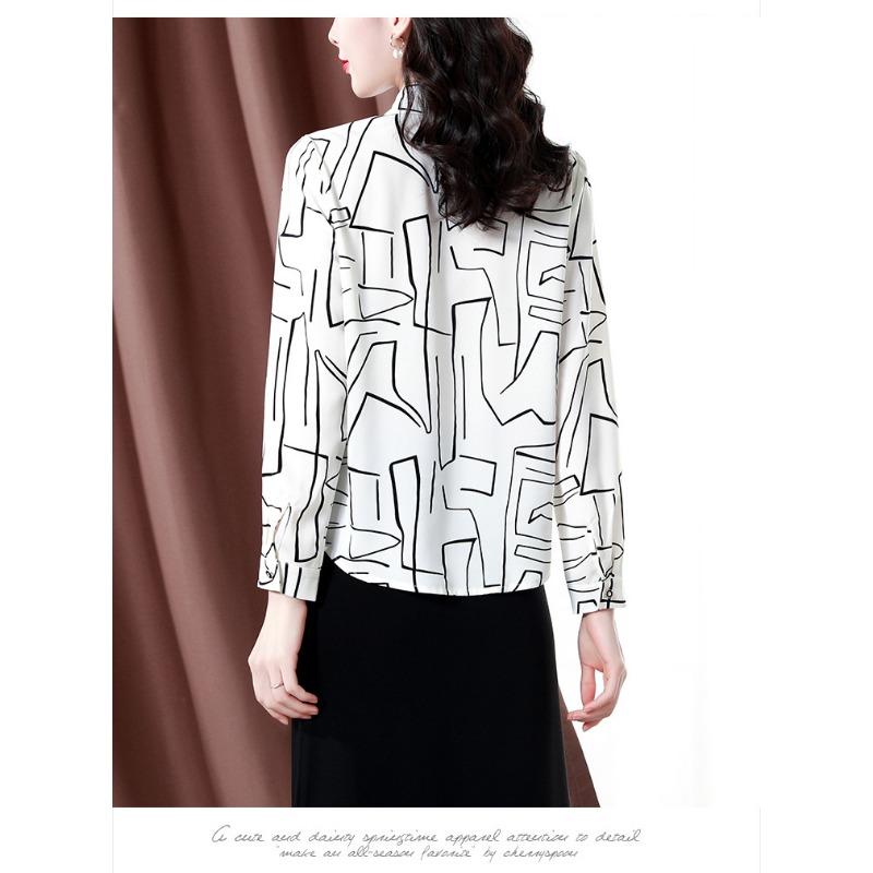 Damen Frühlings Weiß Schwarz Geometrischer Druck Hemd Revers Langarm Satin Arbeits Oberteil