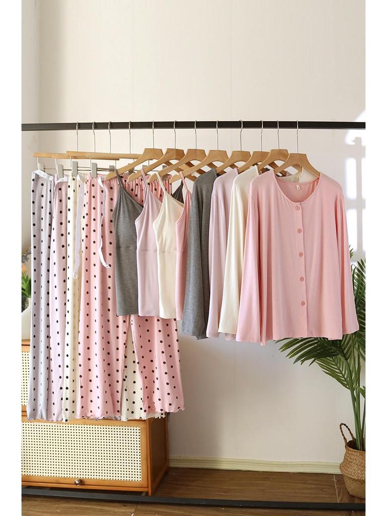 Postpartum Spring/Summer Modal Three-Piece Set: Long Sleeve & Pants for Breastfeeding