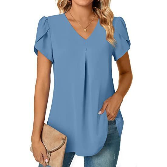 Damen Trendiges Unterhemd T-Shirt Sommer Einfach Damen V-Ausschnitt Blütenblattärmel Shirt Damenhemd