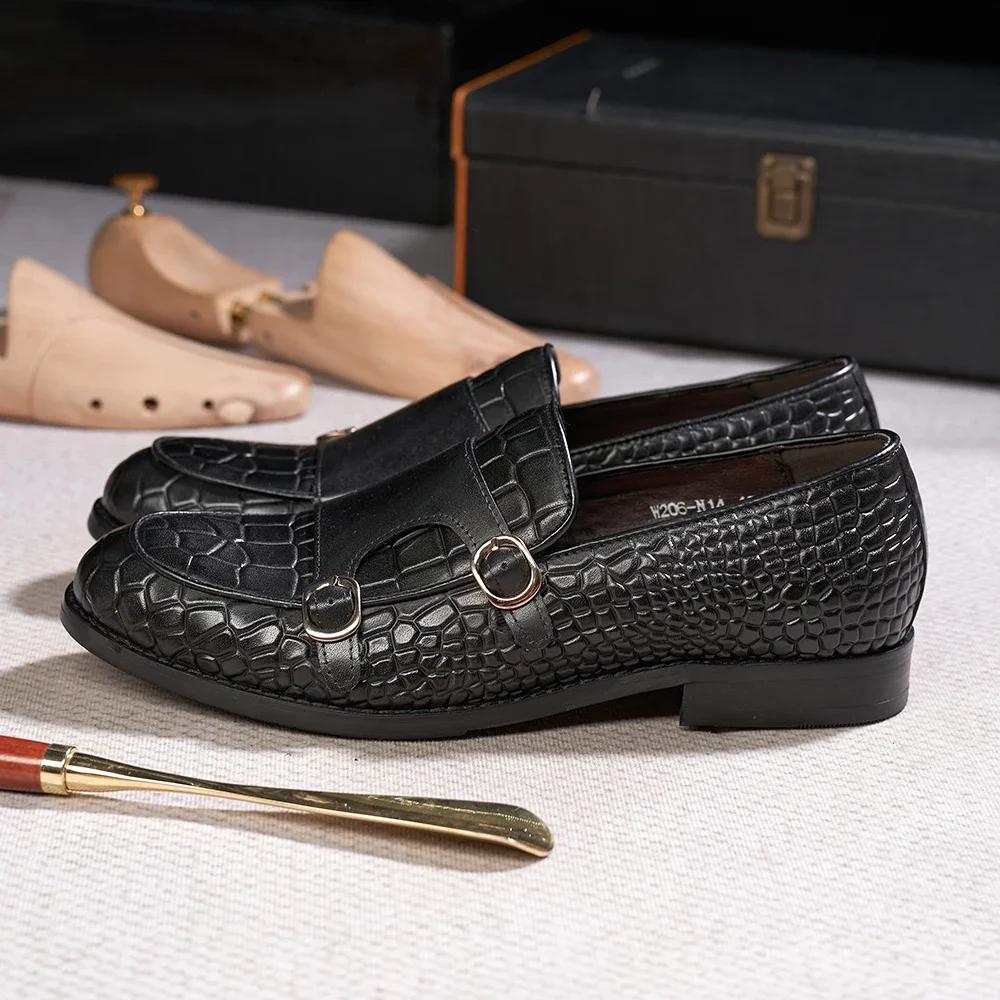 Fashion Men's Luxury Genuine Leather Loafers Double Buckle Monk Strap Slip-On Casual Shoes Crocodile Pattern Wedding Dress Occasions