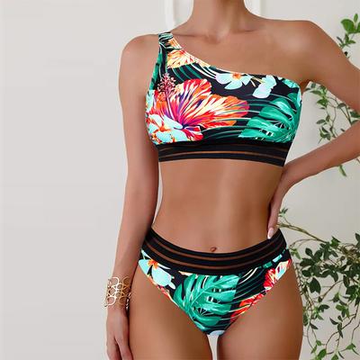 Women's Swimwear Tankini 2 Piece Swimsuit Red Flowers and Green Leaves Print Vacation Bathing Suits