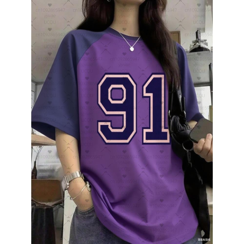 Letter and digital print women's T-shirt, girls' top, creative color-blocked round neck T-shirt, loose casual wear.