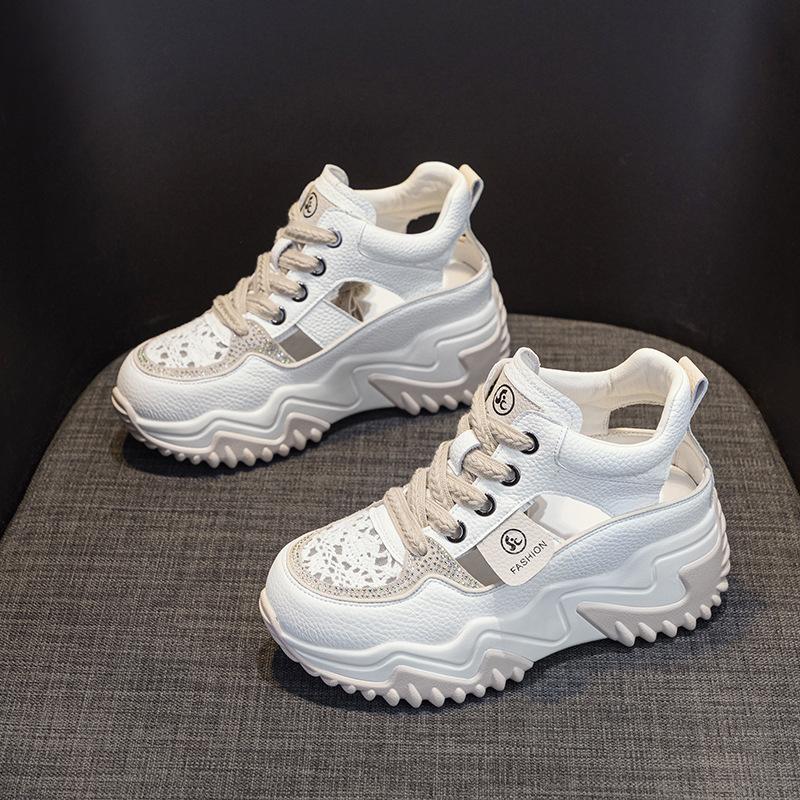 2025 new leather belt drill hollow dad shoes women's summer lightweight inner height increase casual sports shoes platform sandals