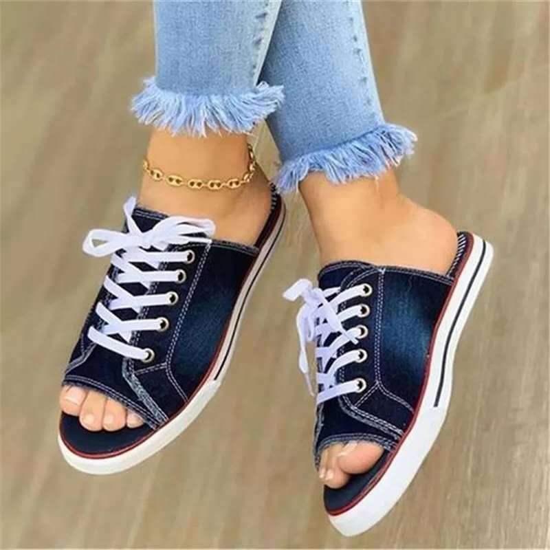 2025 Women Canvas Flat Shoes Lace Up Open Toe New Ladies Casual Fashion Denim Beach Shoes Plus Size 35-43