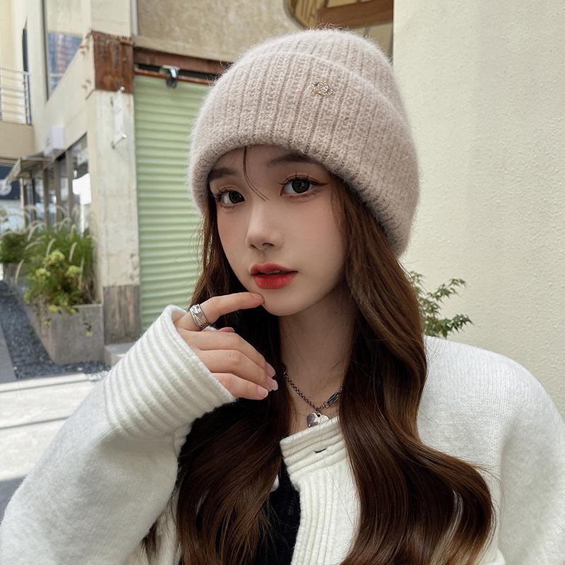 Women’s Casual Solid Color Rabbit Fur Hat with Decorative Buckle and Ear Protection Knitted Hats