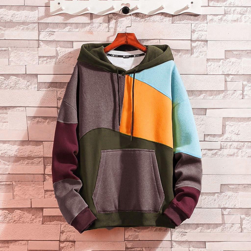 Fashion Men's Casual Solid  Hooded Hooded Patchwork Sweatshirt