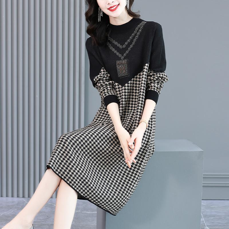 

Casual Solid-color Mid-length Knitted Dress for Women Autumn and Winter Long-sleeved French Checkered A-line Sweater Dress Pulloversr M