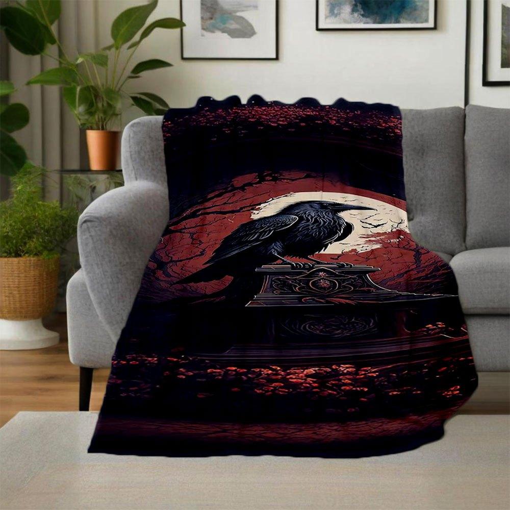 "Midnight Raven: Gothic Moonlit Art Print"Blanket Flannel Throw Blanket for Sofa, Bed, Travel, Camping, Office, Couch, Chair, And Bed Gift f