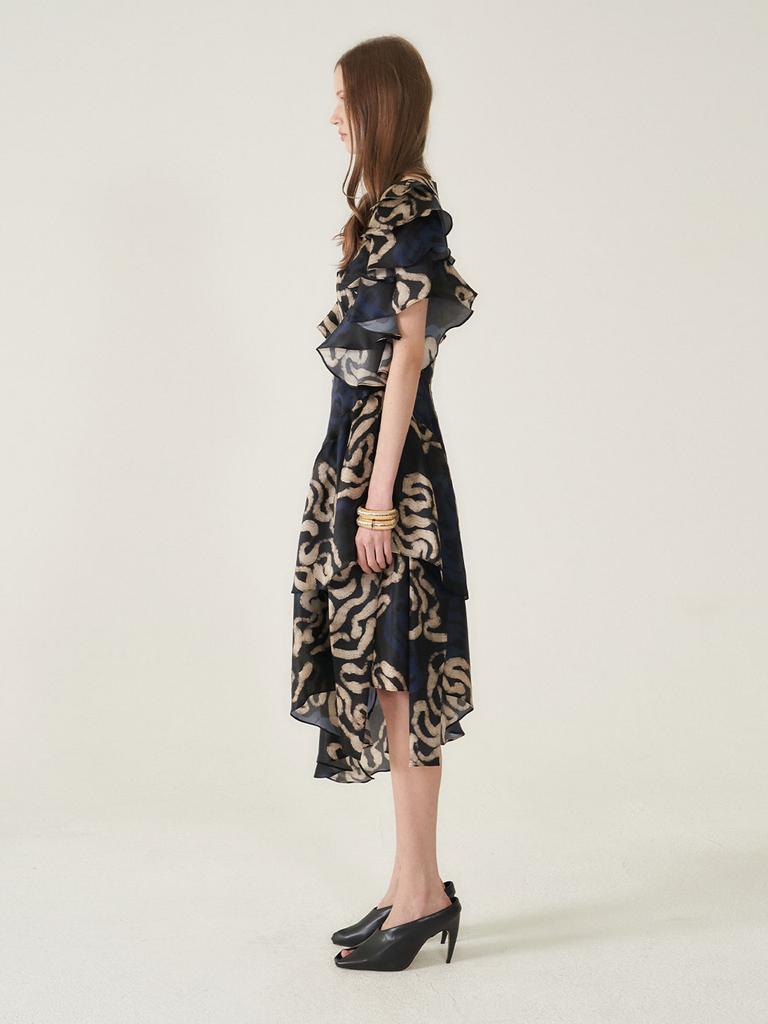 Kaie Art Graphic Satin Silk Asymmetrical Flare Dress