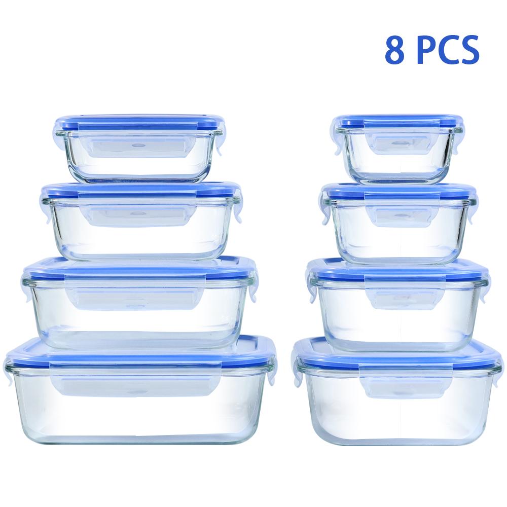 8pcs Glass Food Storage Containers Set Lunch Box Leakproof Airtight Microwave & Oven Safe Stackable Kitchen Organizers