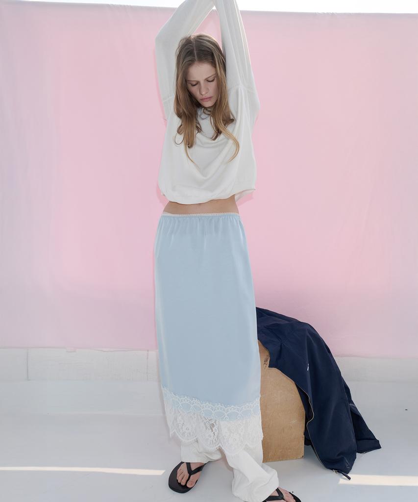 Leuba Layered Satin Lace Skirt - Bliss Skyblue