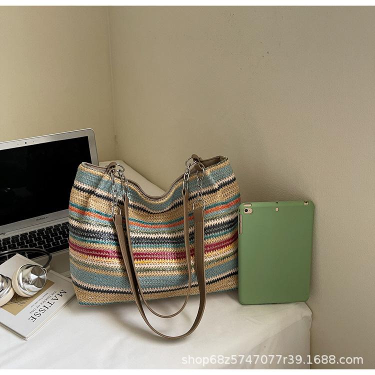 

2025 лето новая мода контрастный цвет сумка женская нишевый дизайн соломенная сумка большая вместимость сумка-тоут для работы и поездок отпуск разноцветный