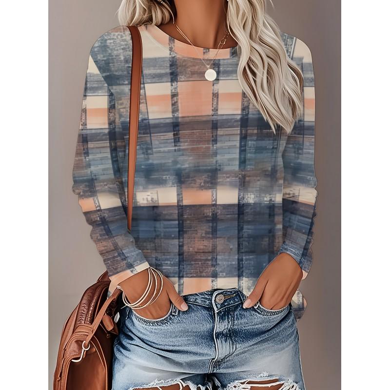 Womens Loose Fit Long Sleeve Round Neck T-Shirt With 3D Dinosaur Christmas Tree Print Milk Silk Fabric
