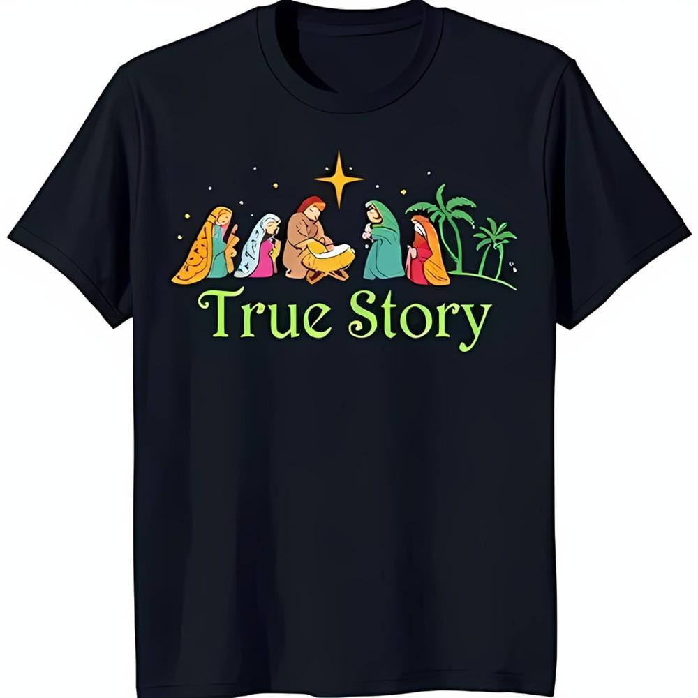 Cheerful Cartoon Nativity Scene TShirt True Story Graphic Tee In Dark Blue S