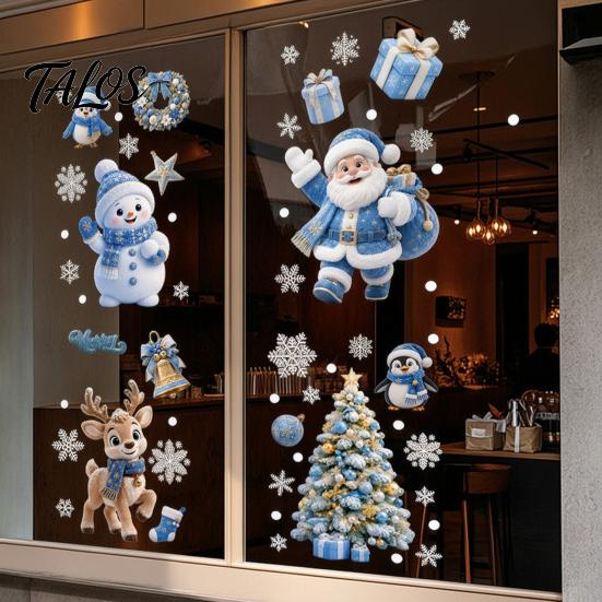 Double Sided Window Decorations 4Pcs Christmas Static Clings, Blue Santa Snowman Reindeer Penguin Party Ornaments Stickers, Reusable Xmas Holiday