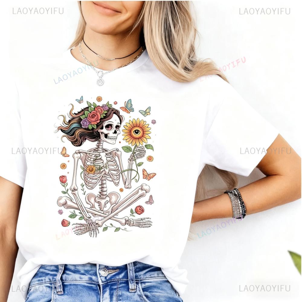 Skull Girl Shirt Floral Skeleton Tshirt Day of The Dead TShirt Sugar Skull Floral Tops Boho Skeleton Flower Power Graphic Tee S