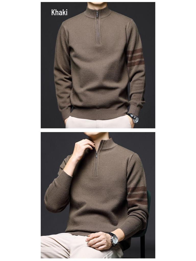 Manzibo Men's Half-Zip Jacquard Knit Stand Collar Sweater - Breathable Casual Autumn/Winter Pullover