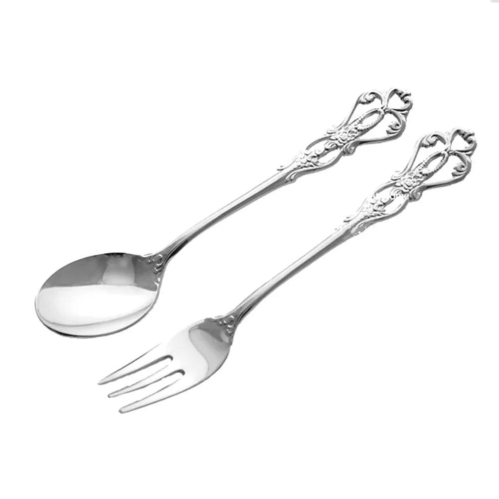 1 Pair Vintage Gold Spoon Fork Cutlery Set Stainless Steel Luxury Dessert Spoon Outdoor Tableware Camping Cooking Supplies Plate