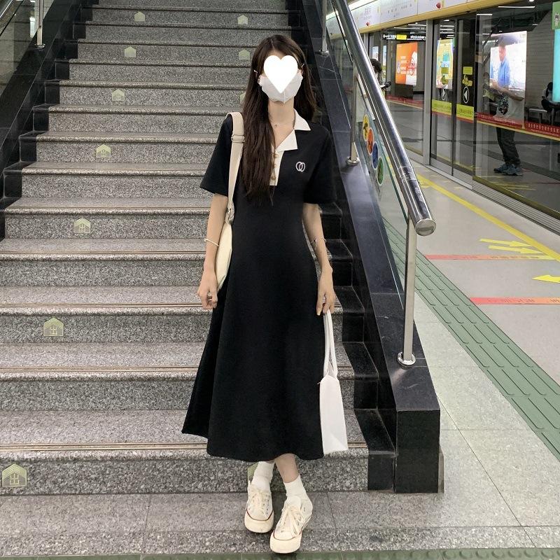 Temperament Polo Collar Black Dress Women's Summer New Mid-length Dress Niche Design Skirt