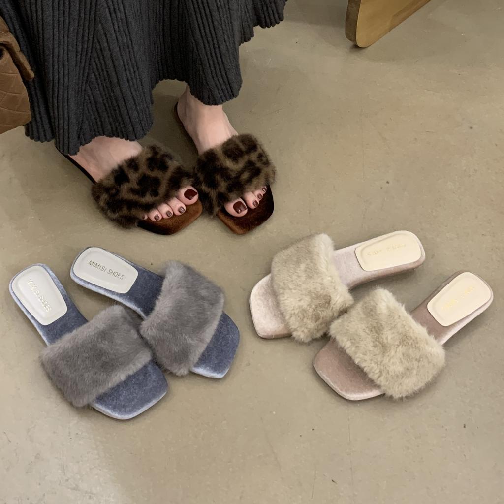 New Retro Leopard Print Square Head High Heel Fluffy Slippers Women's Wear 2025 Autumn Temperament Slope Heel Lazy Word Drag