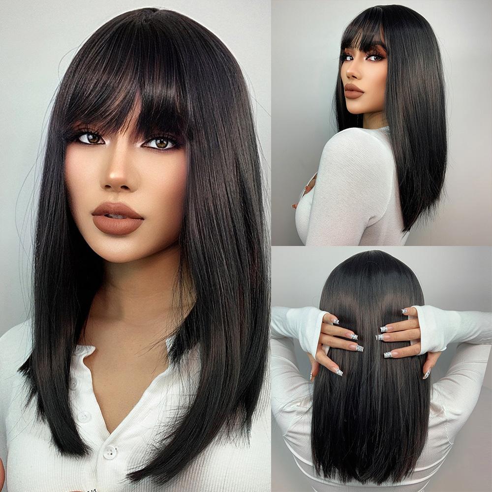 HENRY MARGU Ombre Dark Black Brown Synthetic Wigs with Bangs Layered Hair Wig for Black Women Party Cospaly Heat Resistant