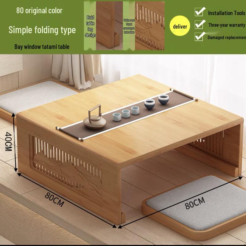 Bamboo Tatami Folding Coffee Table, Japanese-Style Low Table for Windows & Balconies