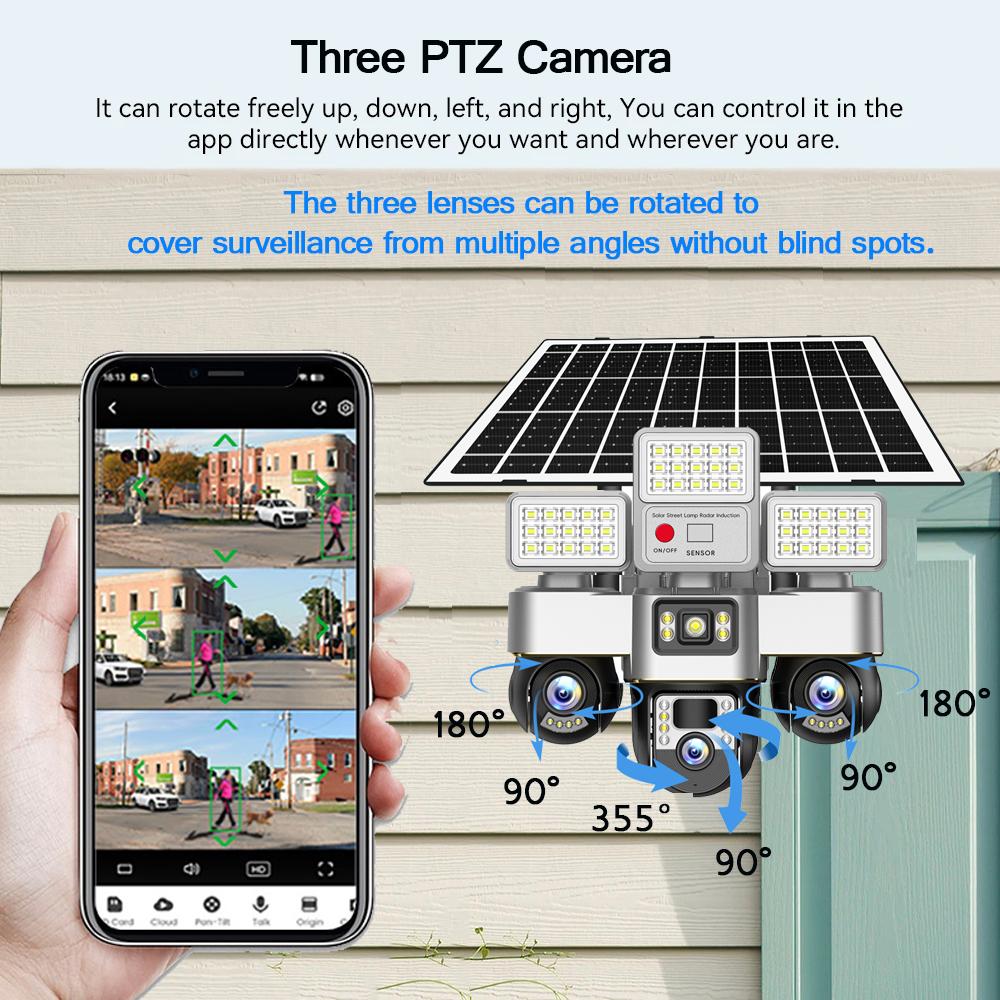 15MP Solar Security Camera – LED Light, 3-Screen Display, 4G SIM, Wireless, Remote Control Via V380 App
