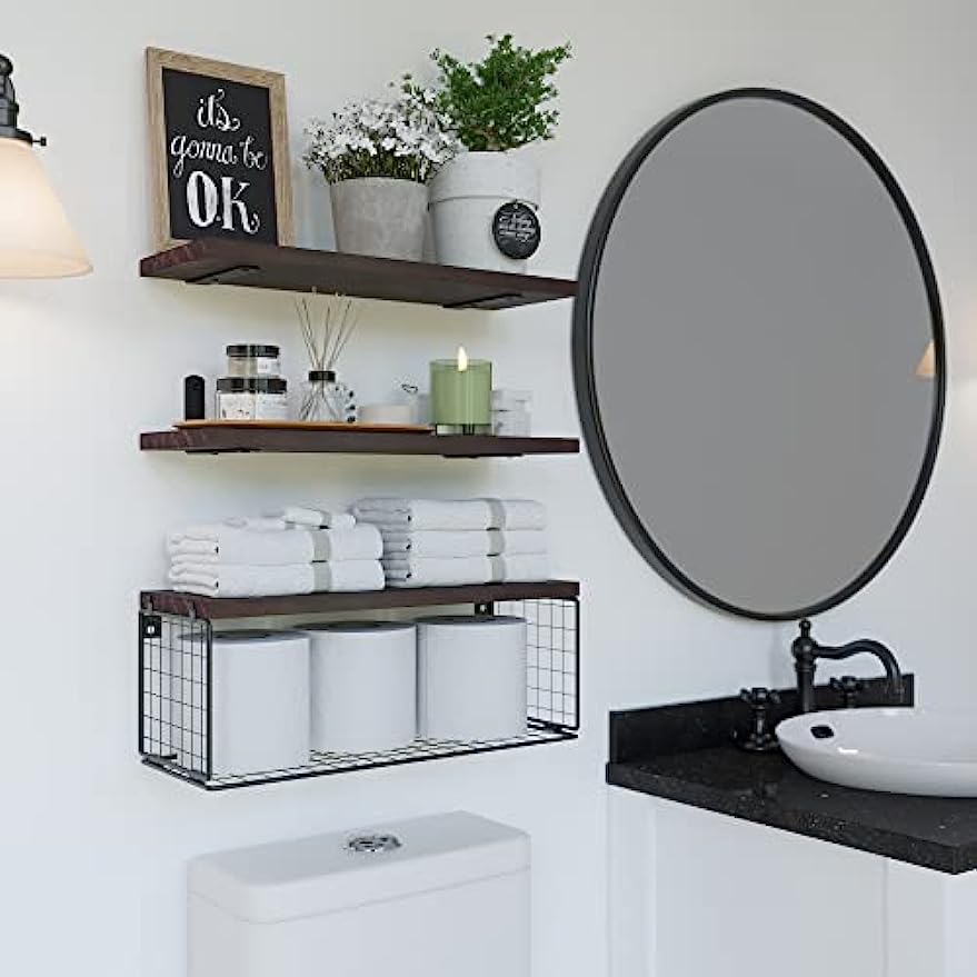 Étagère Murale En Bois Pour Salle De Bain Avec Panier - Cadre Métal Noir, Rangement Pratique Pour Serviettes Et Produits
