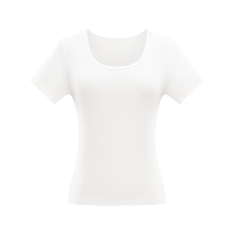 Women's Slim-Fit U-Neck T-Shirt: Trendy Summer 2025 Style, Solid Color, True Shoulder, Elastic, Short Sleeves, Thin Fabric.