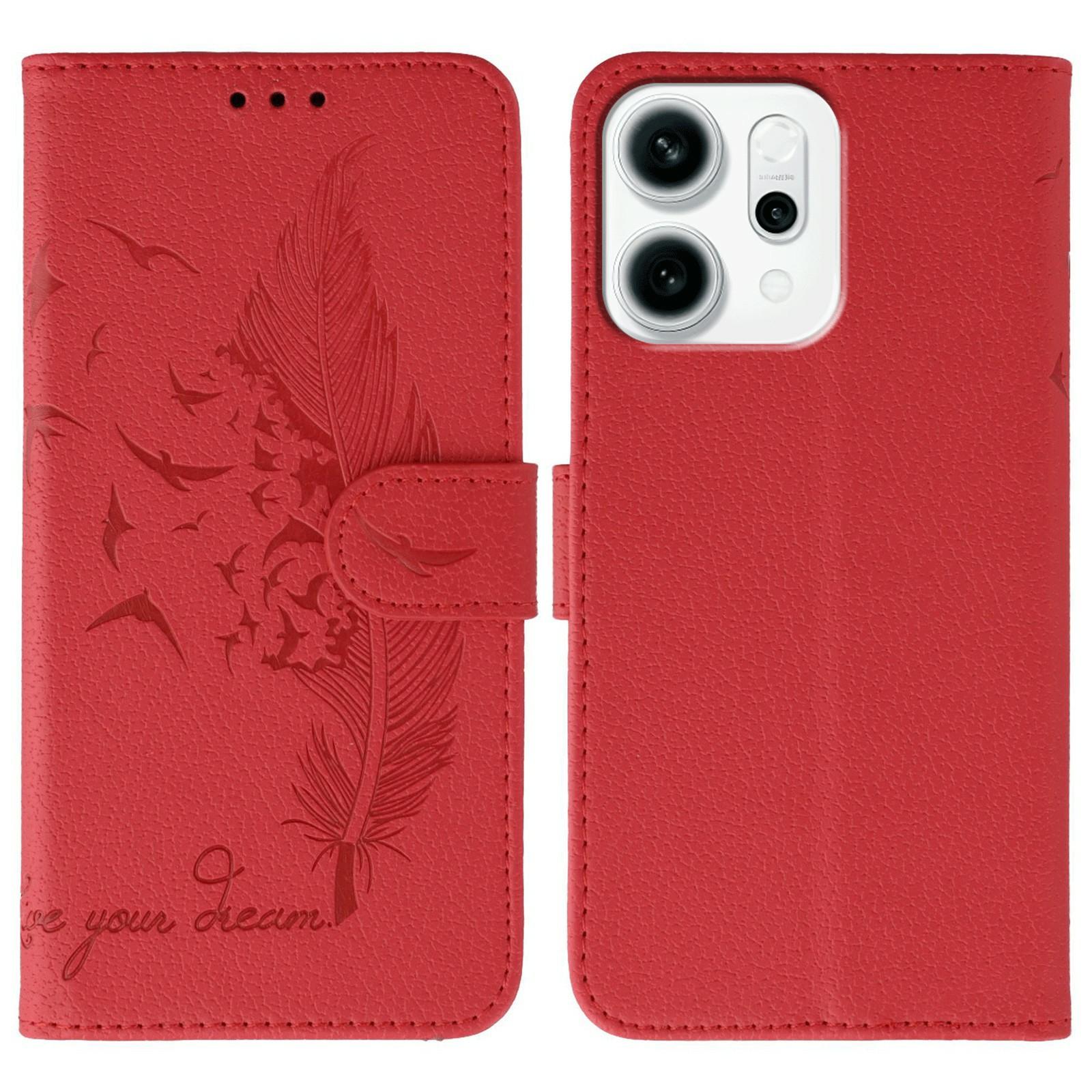 

For Oppo Reno14 F 5G Case Feather Imprint PU Leather Wallet Phone Cover Red