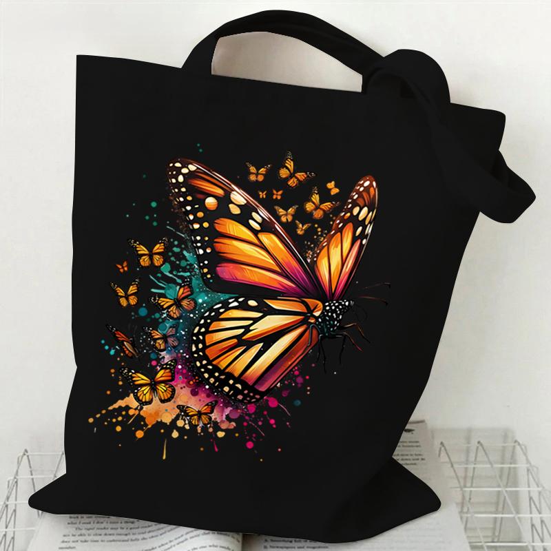 Skeleton Flower Pattern Canvas Shoulder Bag Vintage Flower Butterfly Print Tote Bags Retro Skull Butterfly Print Women's Handbag
