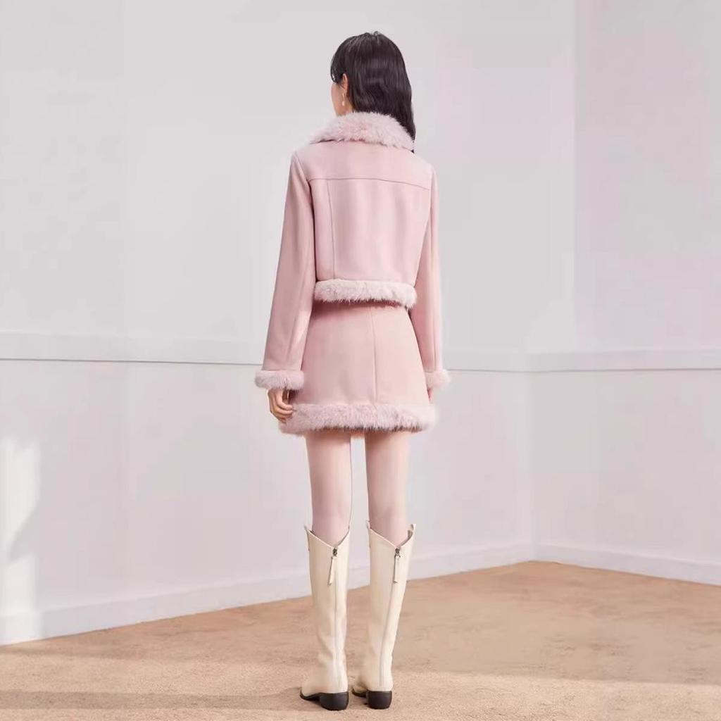 2026 Autumn/Winter French Chic Frosted Leather Top & Skirt Set