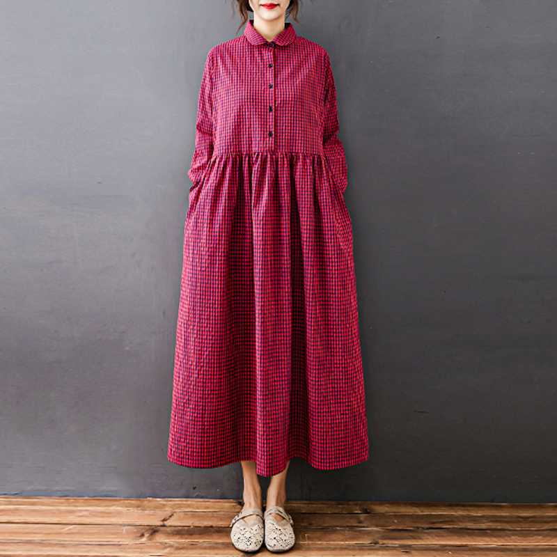Women's Cotton and Linen Loose Fitting Plaid Mid Length Dress