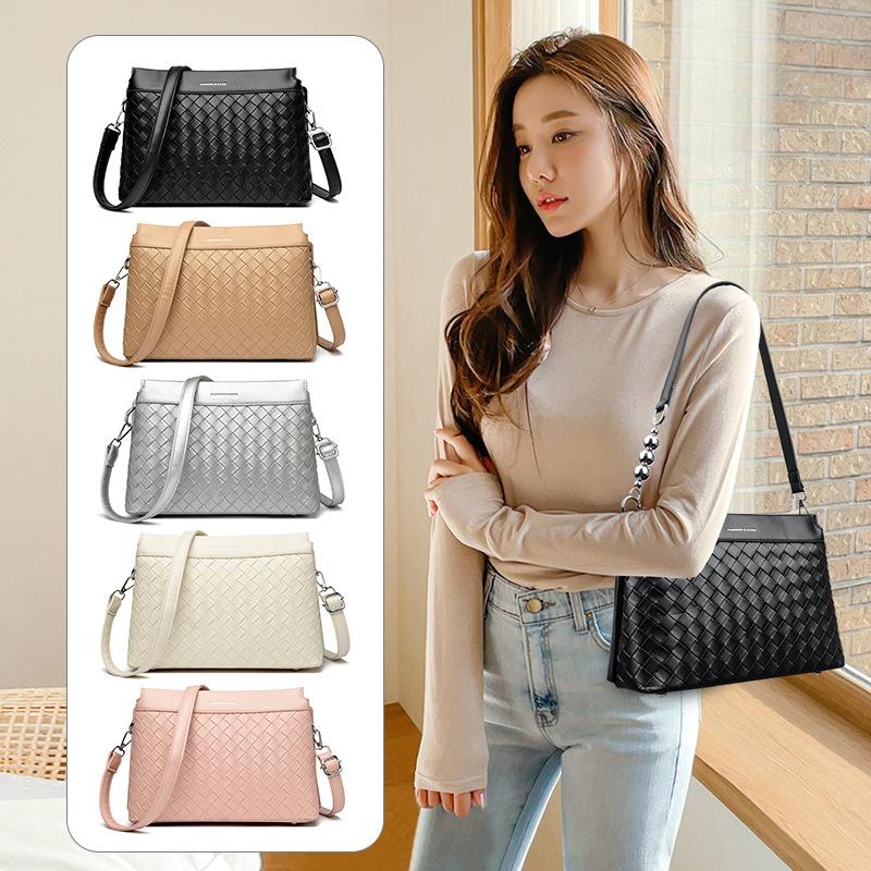 Niche versatile woven pattern messenger bag women's new solid color shoulder bag texture commuter simple small square bag
