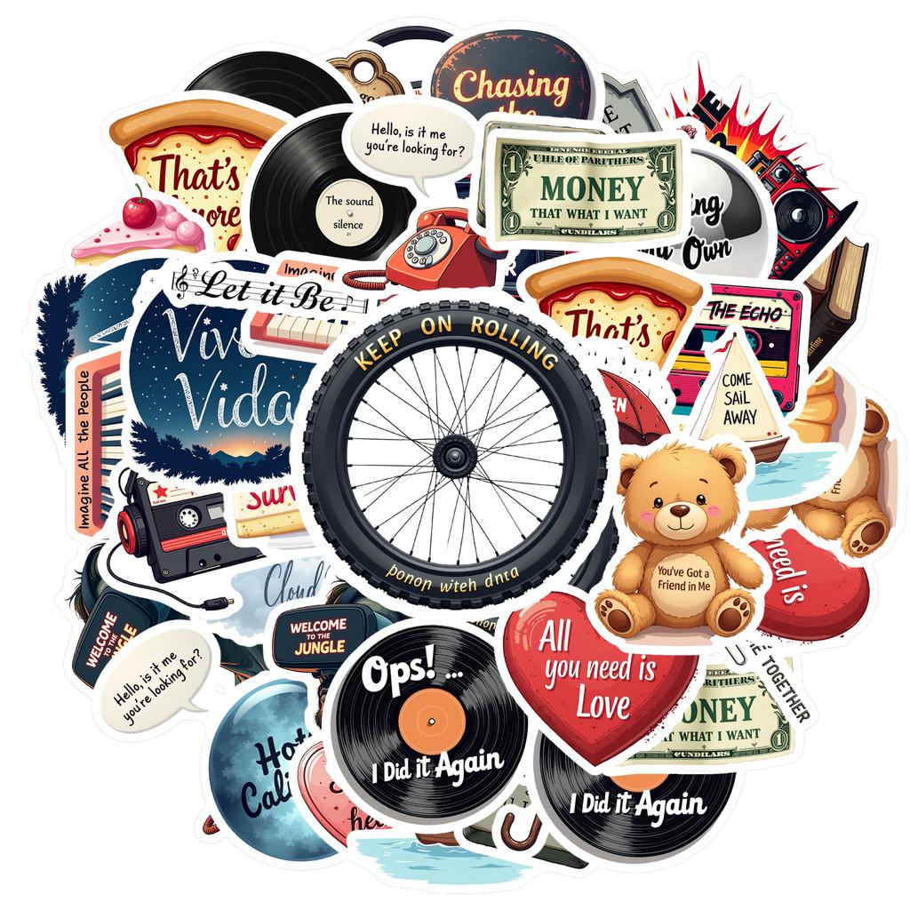35-70pcs Retro Music Stickers Groovy Decor Diy Skateboard Luggage Guitar Laptop Car Waterproof Graffiti Decals