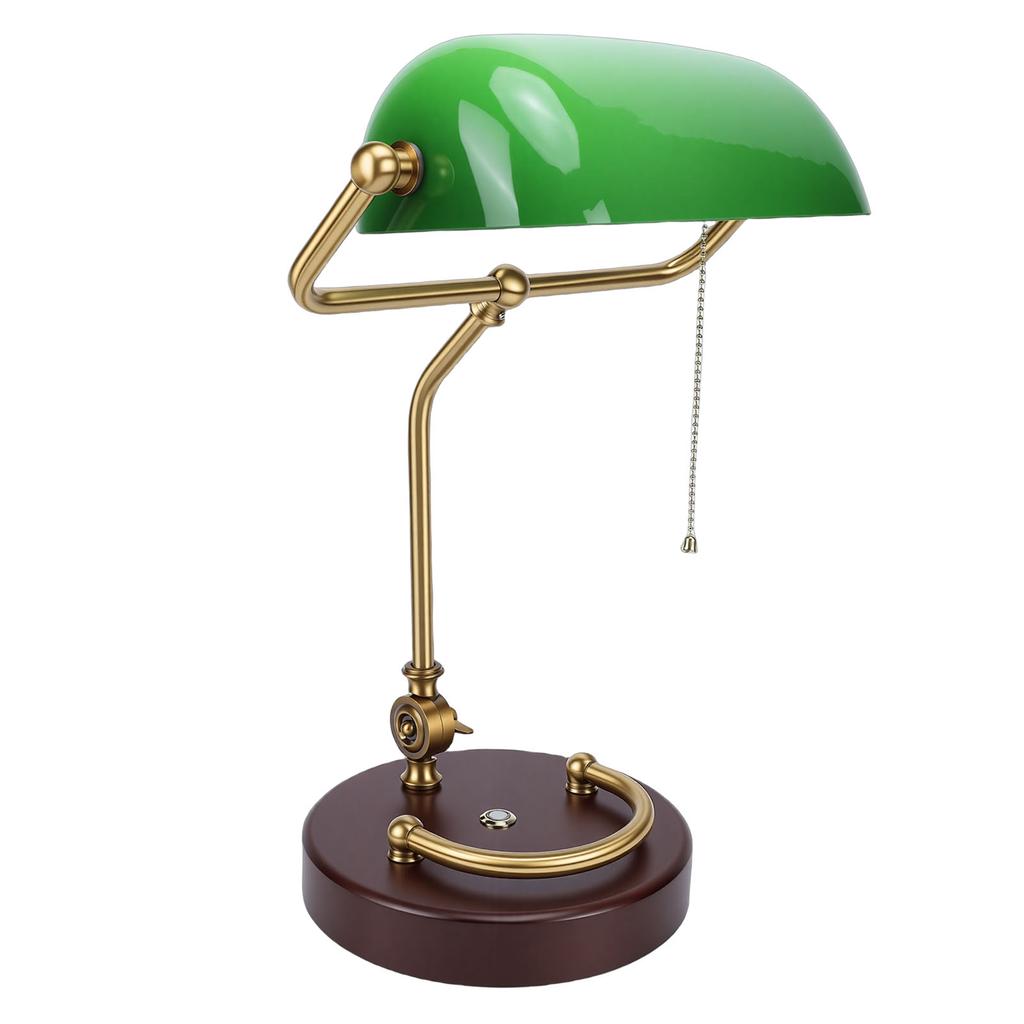 Vintage Schreibtischlampe 350 Grad drehbar Antike Tischlampe mit Zugschalter Holzsockel Glasschirm für Schlafzimmer Wohnzimmer