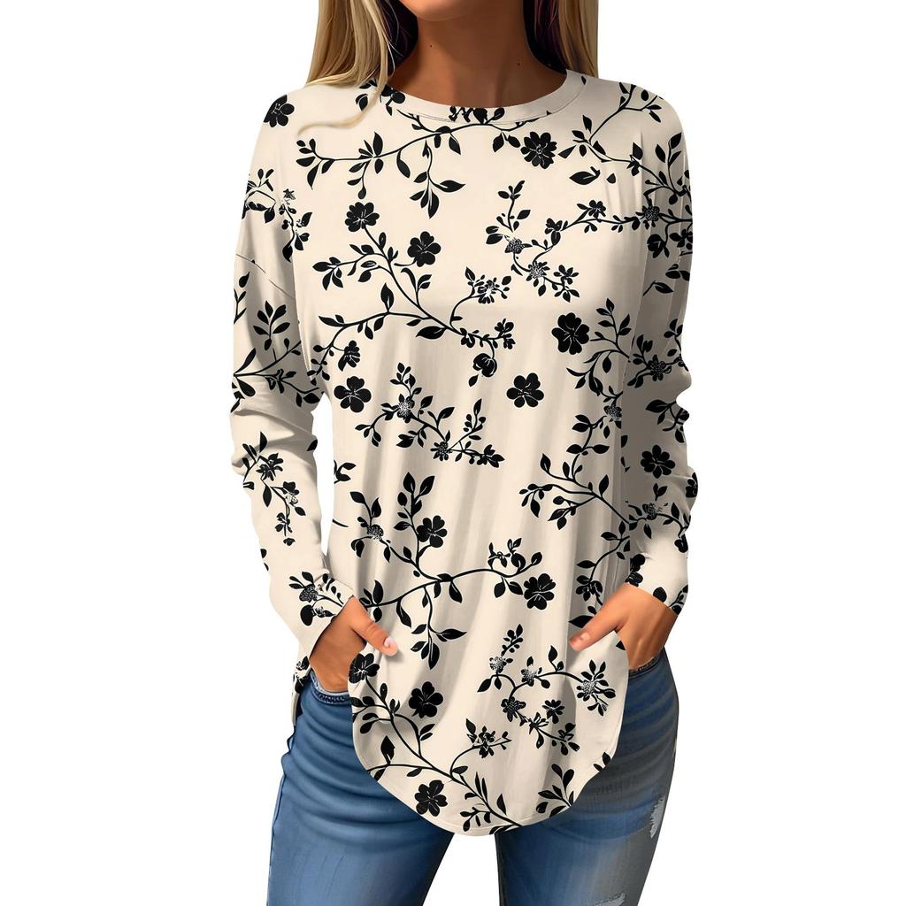 Women's Loose Round Neck Print Long Sleeve T-Shirt Top Pullover