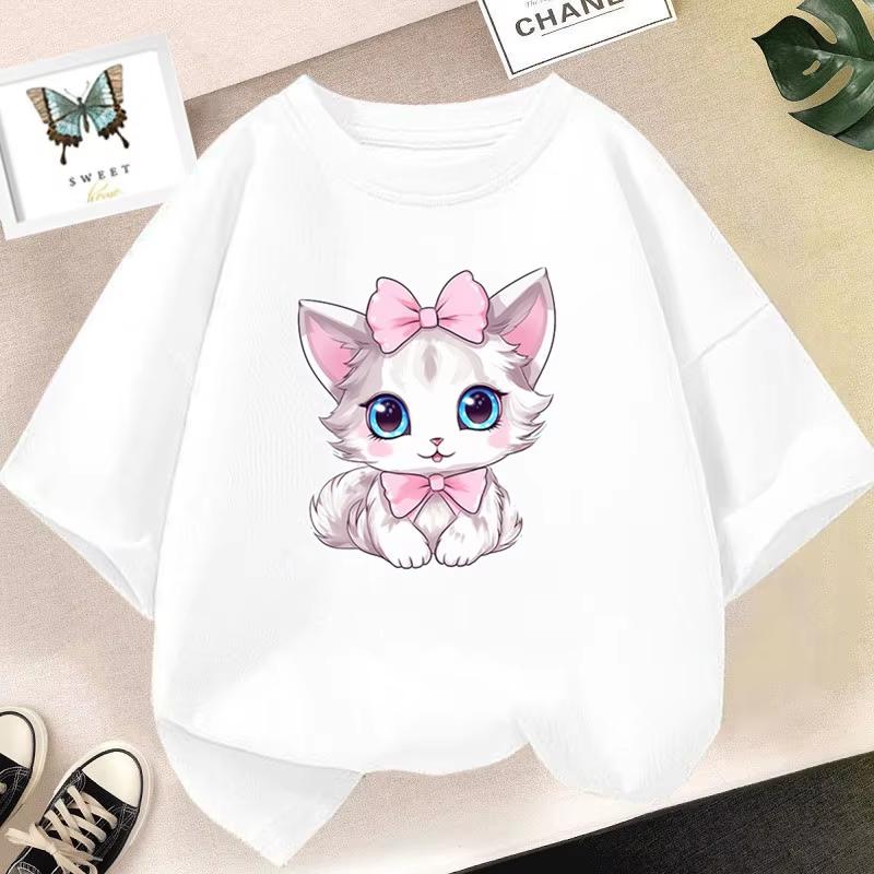 Summer children's T-shirt cute cat girl printed top short sleeved round neck shirt