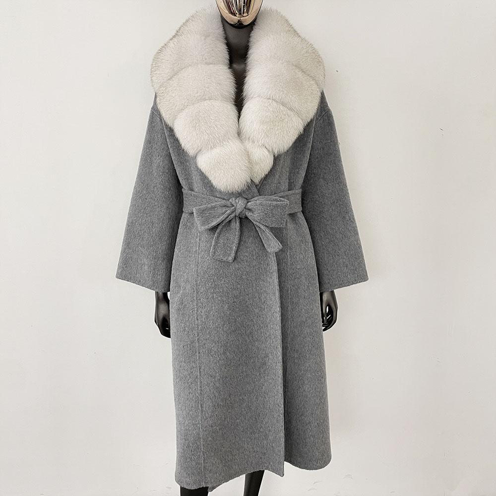 OFTBUY Kabát z pravé kožešiny 2024 Nadměrný dámský svrchní oděv Zimní dámská bunda s límcem z přírodní liščí kožešiny Kapuce Kašmírová vlněná směs Kabát